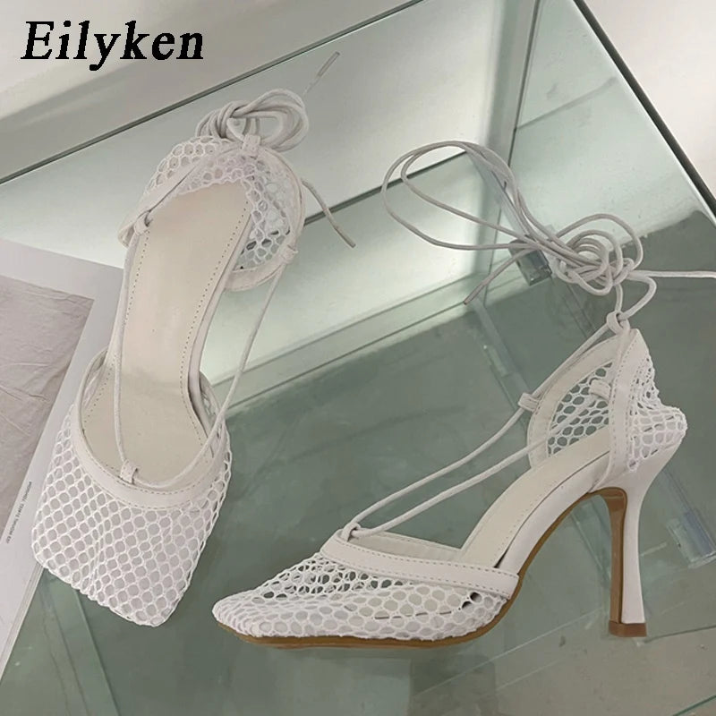 Escarpins femme maille aerée – Bout carré, talon aiguille, lacets cheville, élégants -4 coloris