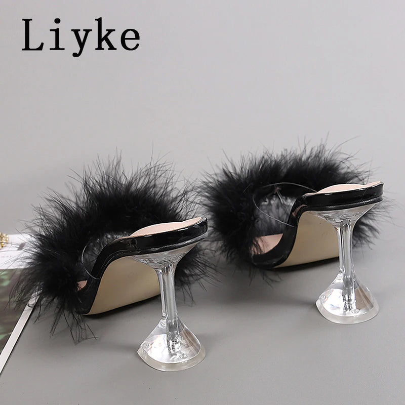 Mules femme talon haut transparent – Fourrure & plumes, bout ouvert 4 coloris