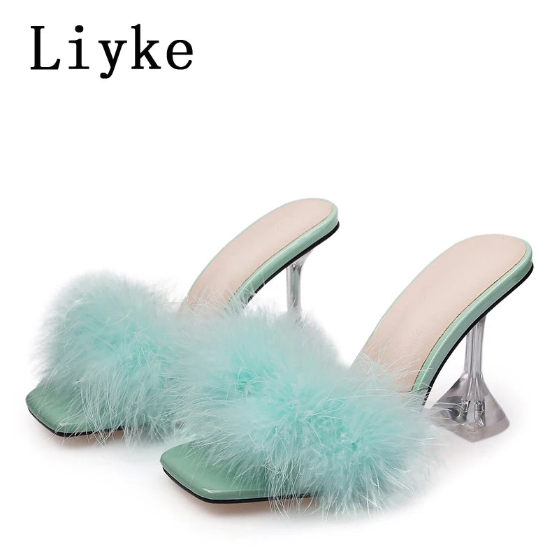 Mules femme talon haut transparent – Fourrure & plumes, bout ouvert 4 coloris