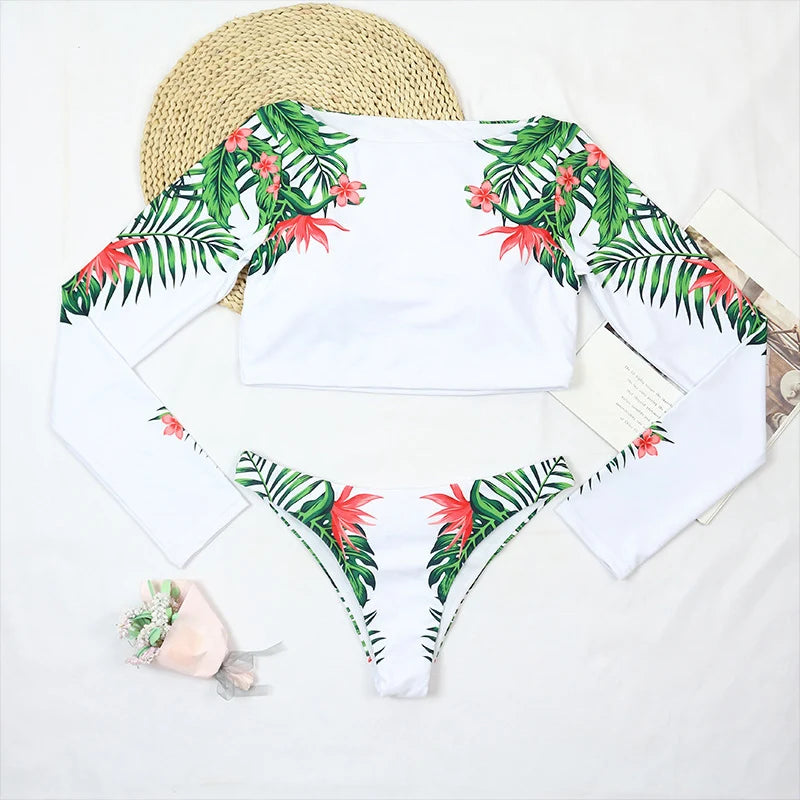 Maillot de Bain Surf Femme – Bikini 2 Pièces Manches Longues Imprimé Fleurs-plusieurs coloris