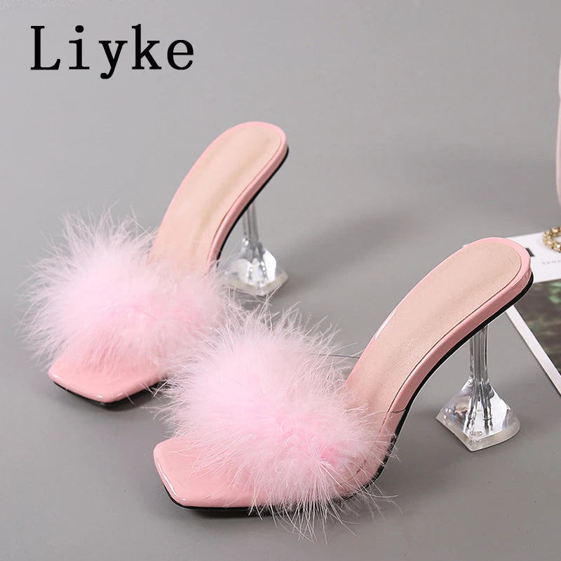 Mules femme talon haut transparent – Fourrure & plumes, bout ouvert 4 coloris