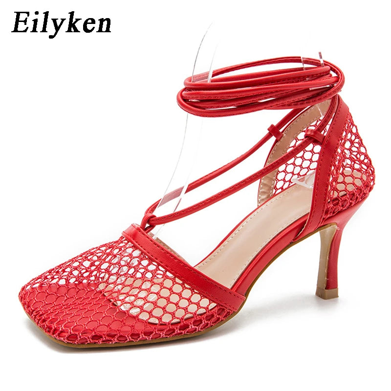 Escarpins femme maille aerée – Bout carré, talon aiguille, lacets cheville, élégants -4 coloris