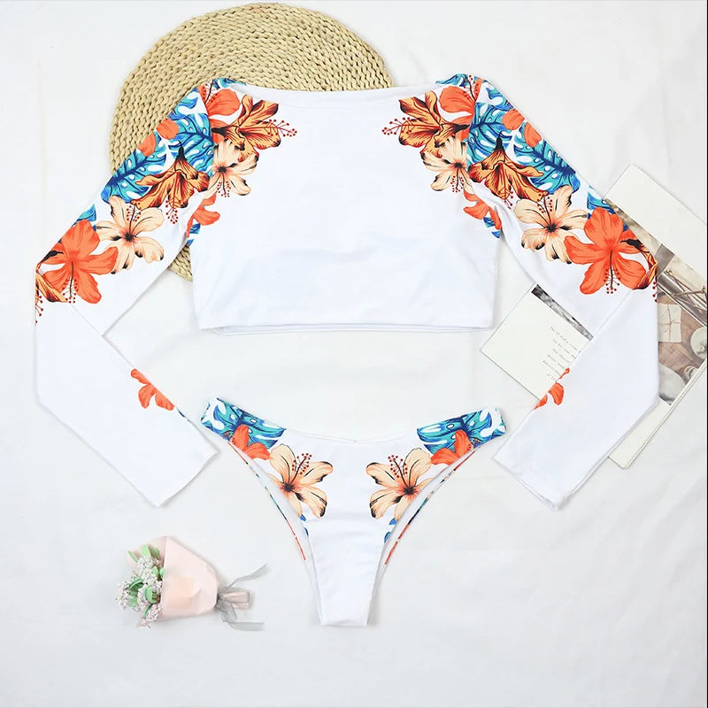 Maillot de Bain Surf Femme – Bikini 2 Pièces Manches Longues Imprimé Fleurs-plusieurs coloris