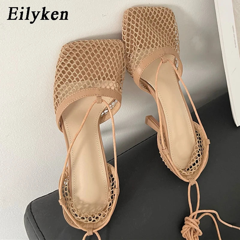 Escarpins femme maille aerée – Bout carré, talon aiguille, lacets cheville, élégants -4 coloris
