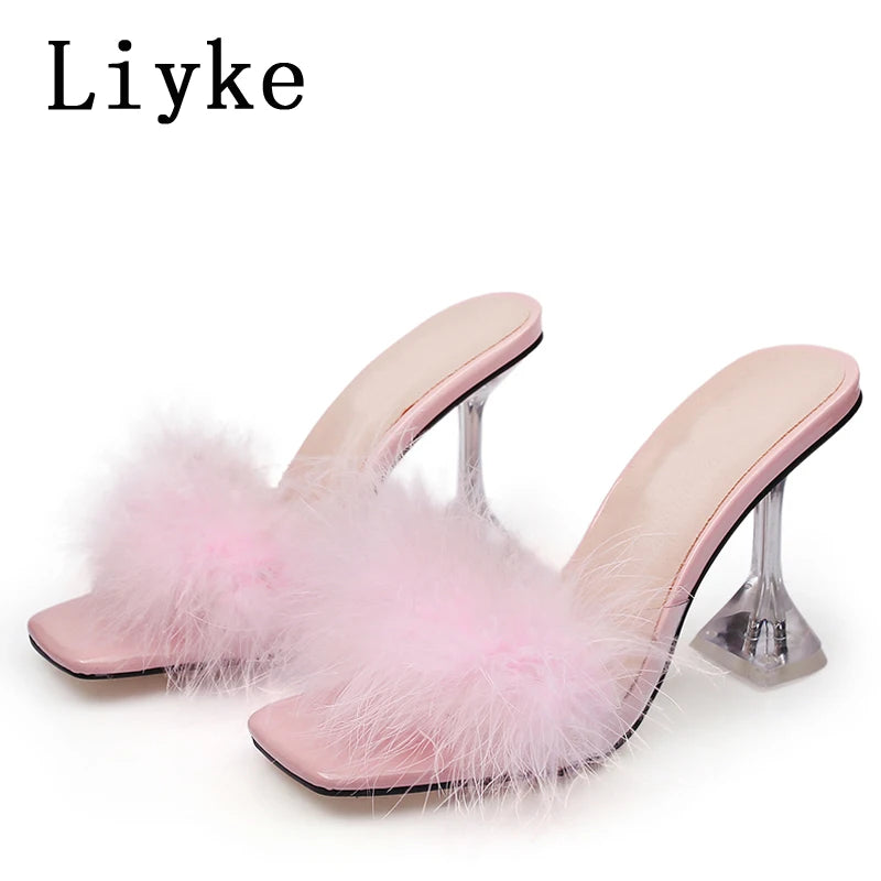 Mules femme talon haut transparent – Fourrure & plumes, bout ouvert 4 coloris