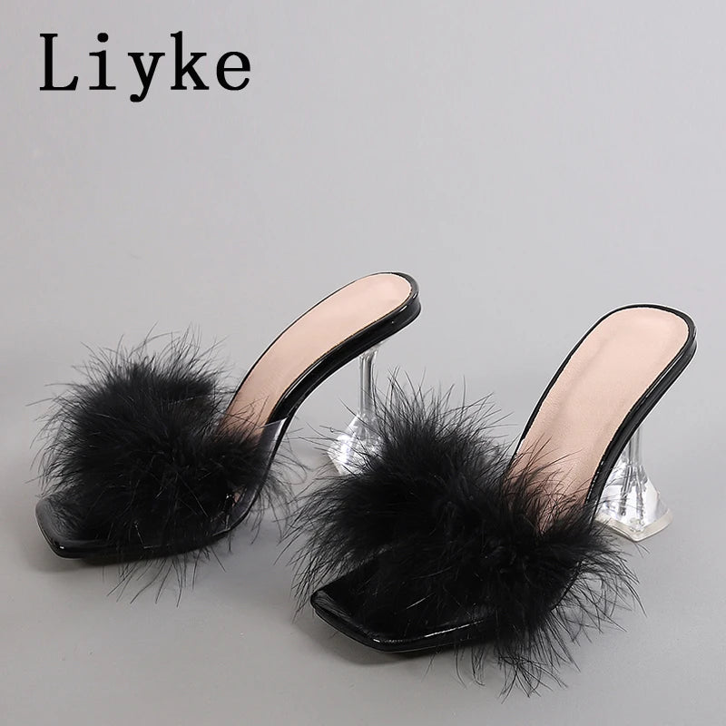 Mules femme talon haut transparent – Fourrure & plumes, bout ouvert 4 coloris