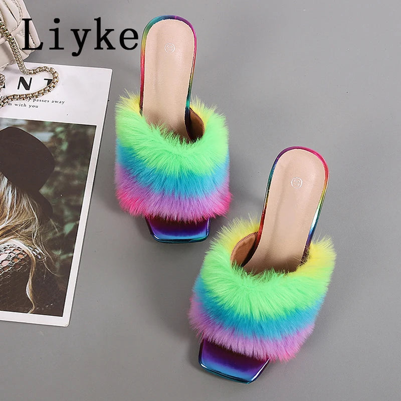 Mules femme talon haut transparent – Fourrure & plumes, bout ouvert 4 coloris