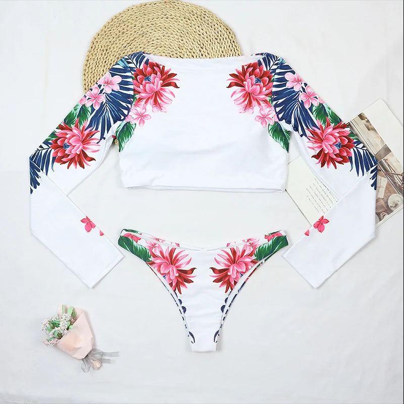 Maillot de Bain Surf Femme – Bikini 2 Pièces Manches Longues Imprimé Fleurs-plusieurs coloris