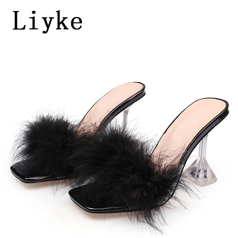 Mules femme talon haut transparent – Fourrure & plumes, bout ouvert 4 coloris