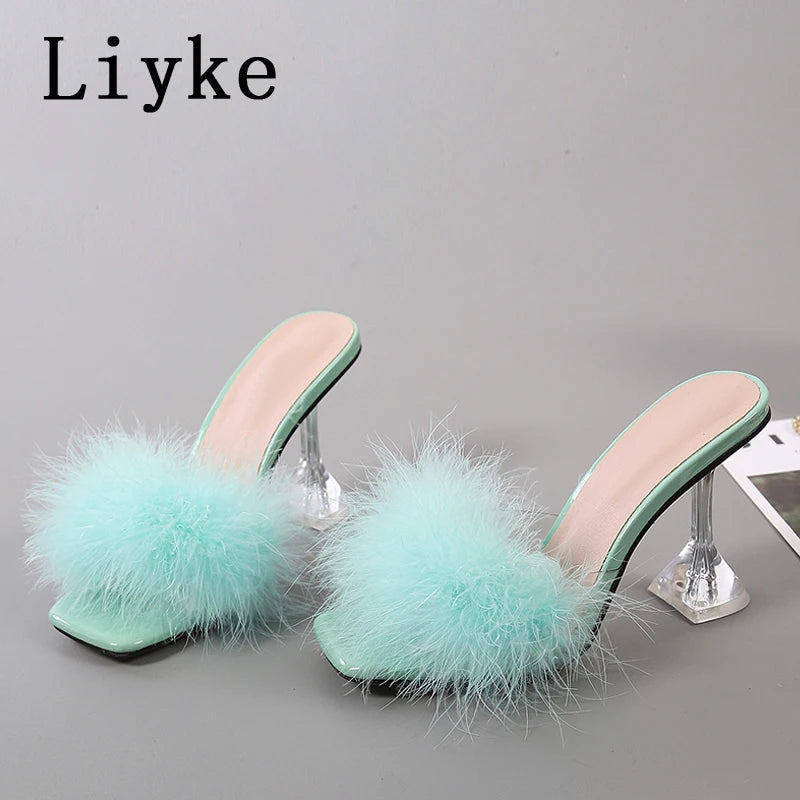 Mules femme talon haut transparent – Fourrure & plumes, bout ouvert 4 coloris