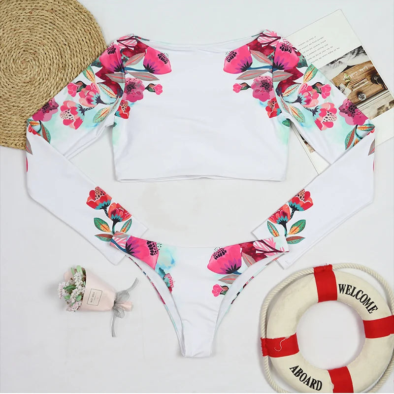 Maillot de Bain Surf Femme – Bikini 2 Pièces Manches Longues Imprimé Fleurs-plusieurs coloris
