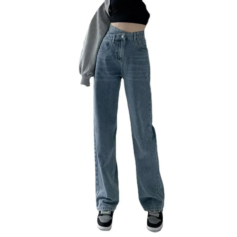 Jean large femme Taille haute, coupe loose, poches