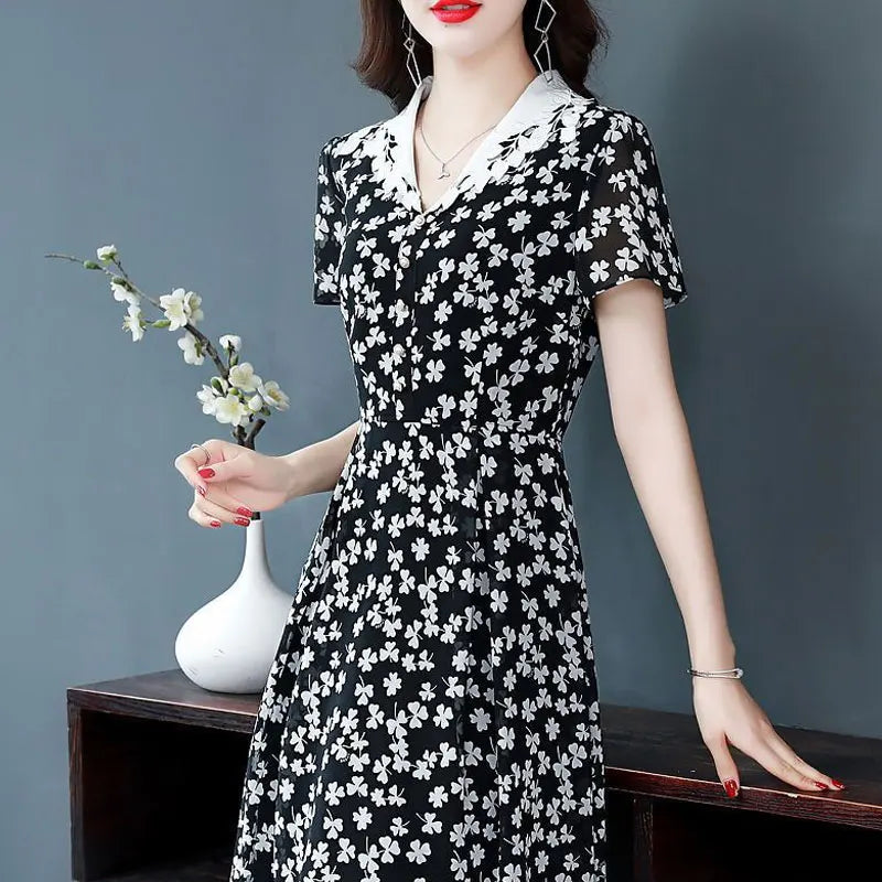 Robe midi femme  Col V, patchwork imprimé, manches courtes