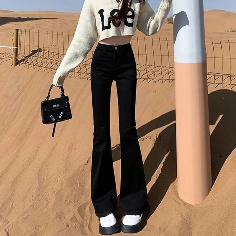 Jean flare vintage femme Taille haute, pattes d'eph, taille élastique