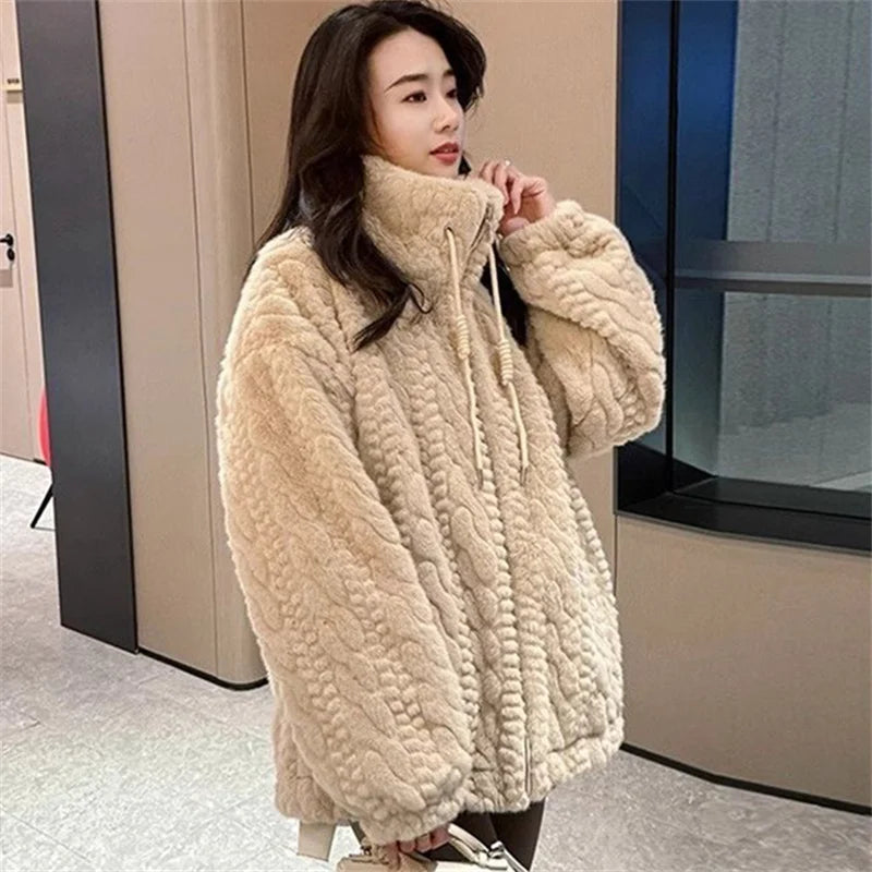 Manteau fausse fourrure imitation vison femme – Col montant, chaud & épais