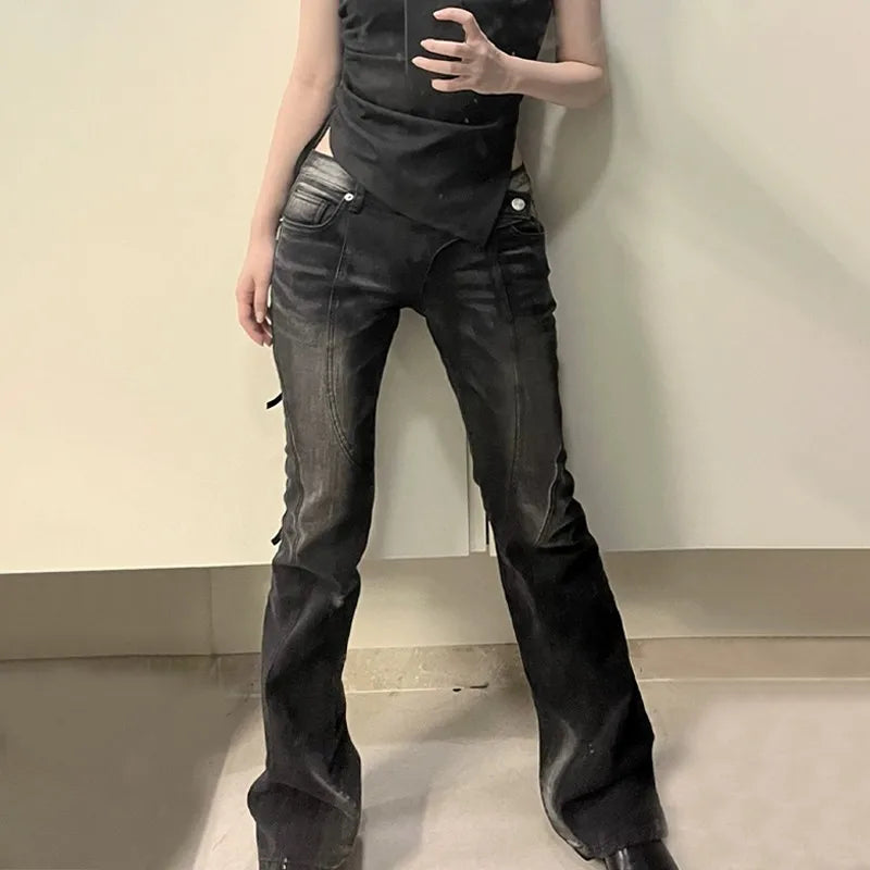 Jean Taille Basse Vintage Femme – Noir Effet Usé Style Grunge Streetwear