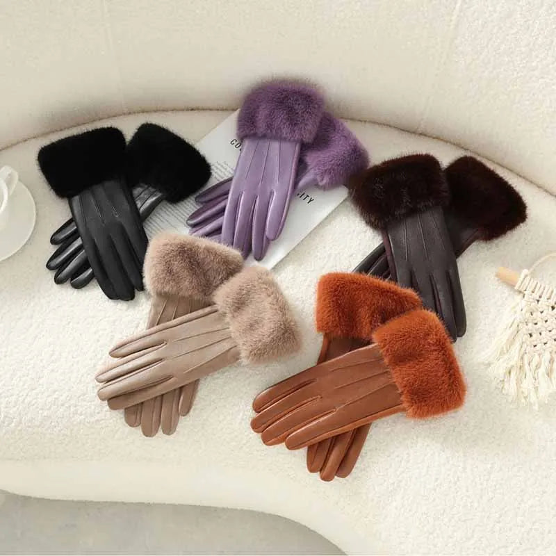 Gants Femme Hiver – Cuir PU & Bordure Fausse Fourrure Élégants - 6 coloris