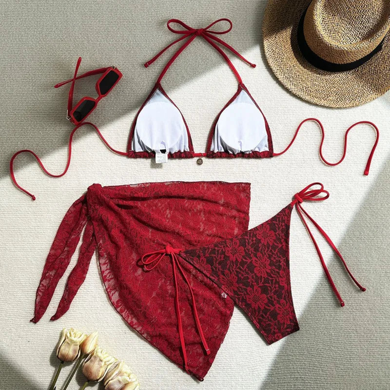 Bikini  3 Pièces – Dentelle Contrastée & Style Brésilien -plusieurs coloris