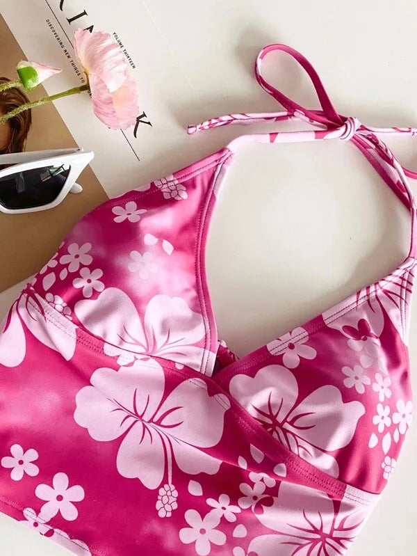 Bikini Femme Fleuri Licou – Haut Push-Up & Bas Taille Haute -Plusieurs coloris