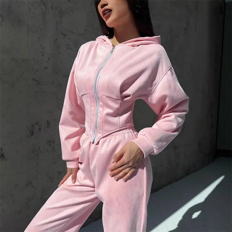 Ensemble 2 pièces décontracté pour femme : Veste courte à capuche zippée et pantalon 5 coloris