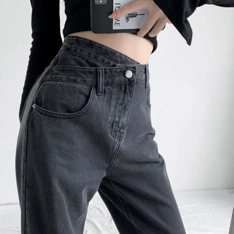 Jean Large Femme – Taille Haute Coupe Loose Avec Poches