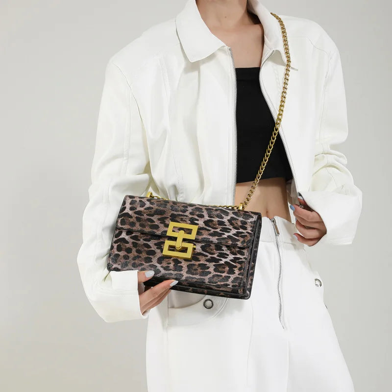 Pochette femme imprimé léopard – Cuir PU, chaîne décorative 3 coloris