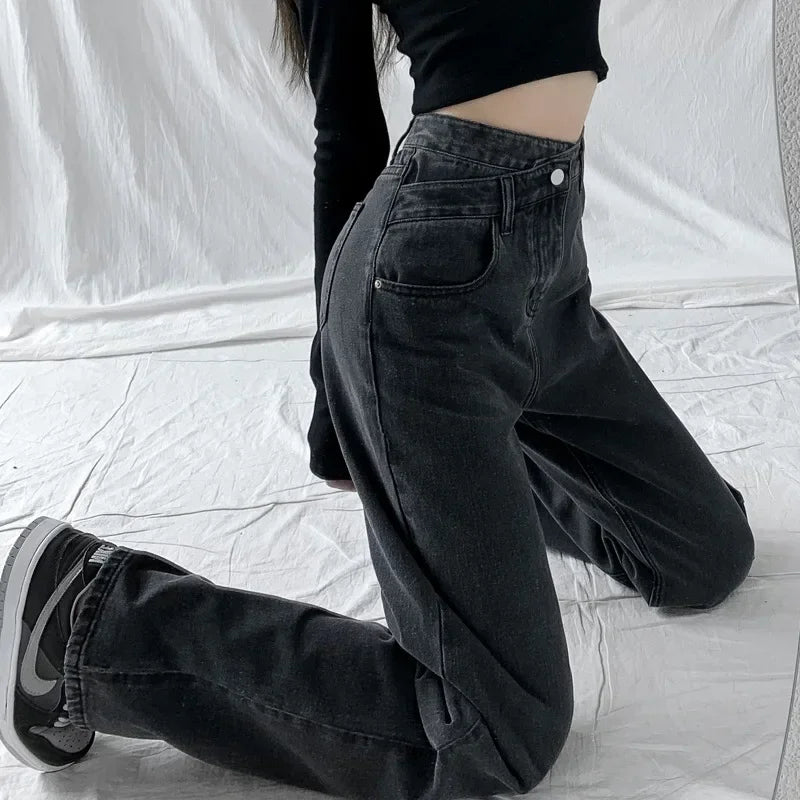 Jean Large Femme – Taille Haute Coupe Loose Avec Poches