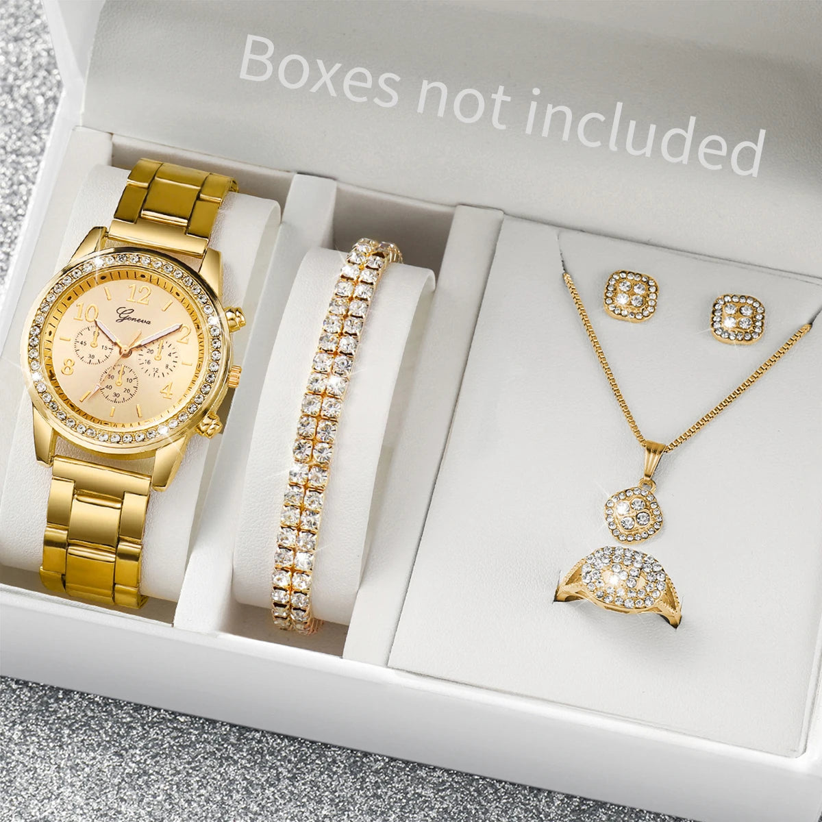 Coffret montre et bijoux femme – 6 pièces, quartz, strass – Plusieurs coloris