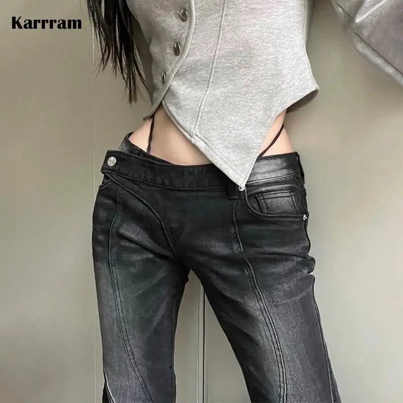 Jean taille basse vintage Noir flare, effet usé, taille asymétrique – Style grunge Kpop streetwear