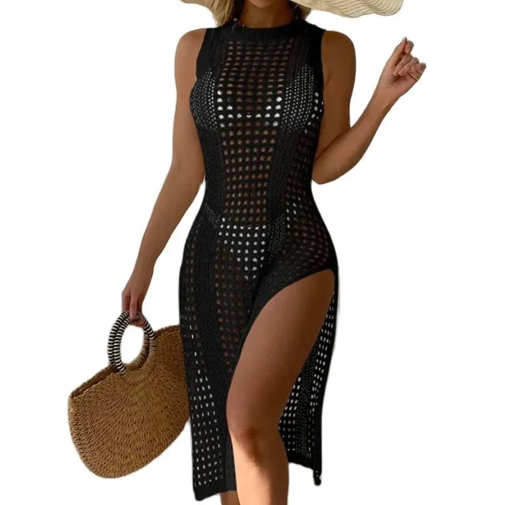 Robe de plage – Crochet Ajouré Sans Manches À Fente Latérale -Plusieurs coloris