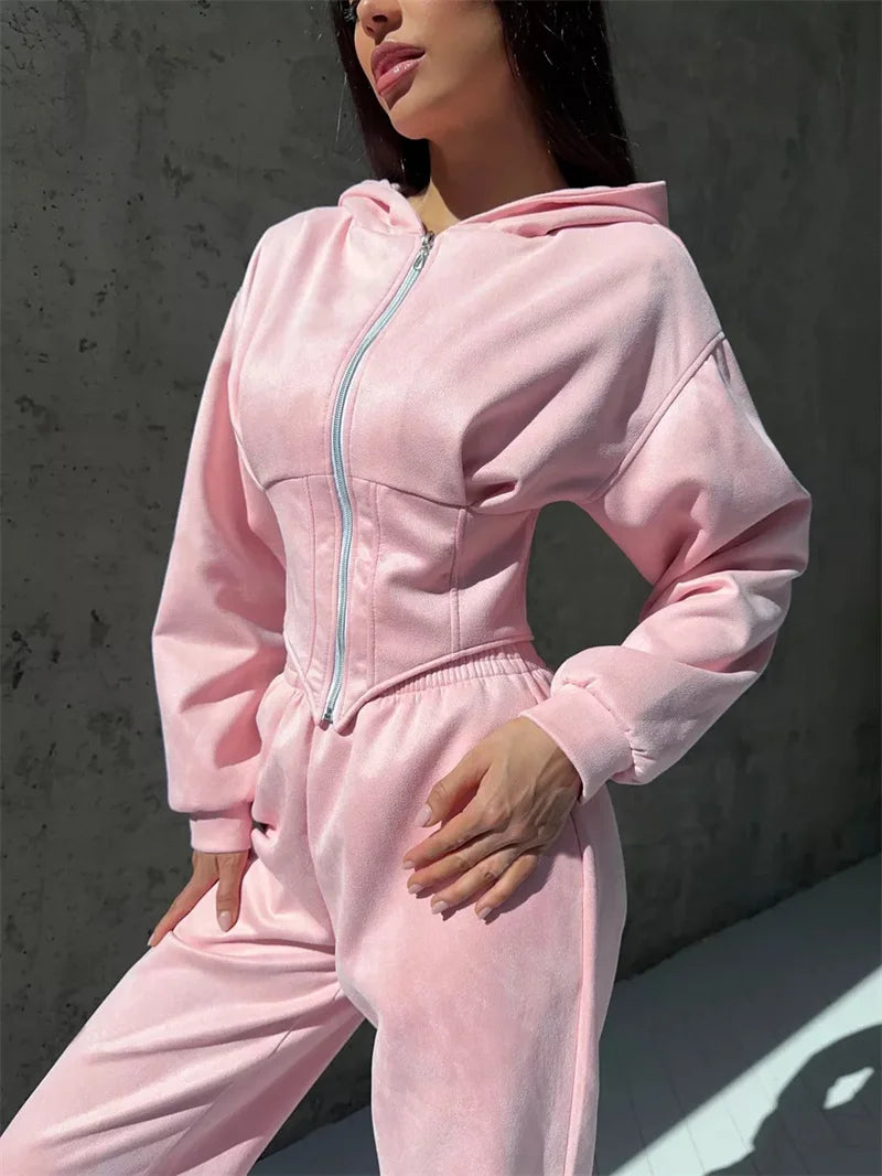 Ensemble 2 pièces décontracté pour femme : Veste courte à capuche zippée et pantalon 5 coloris