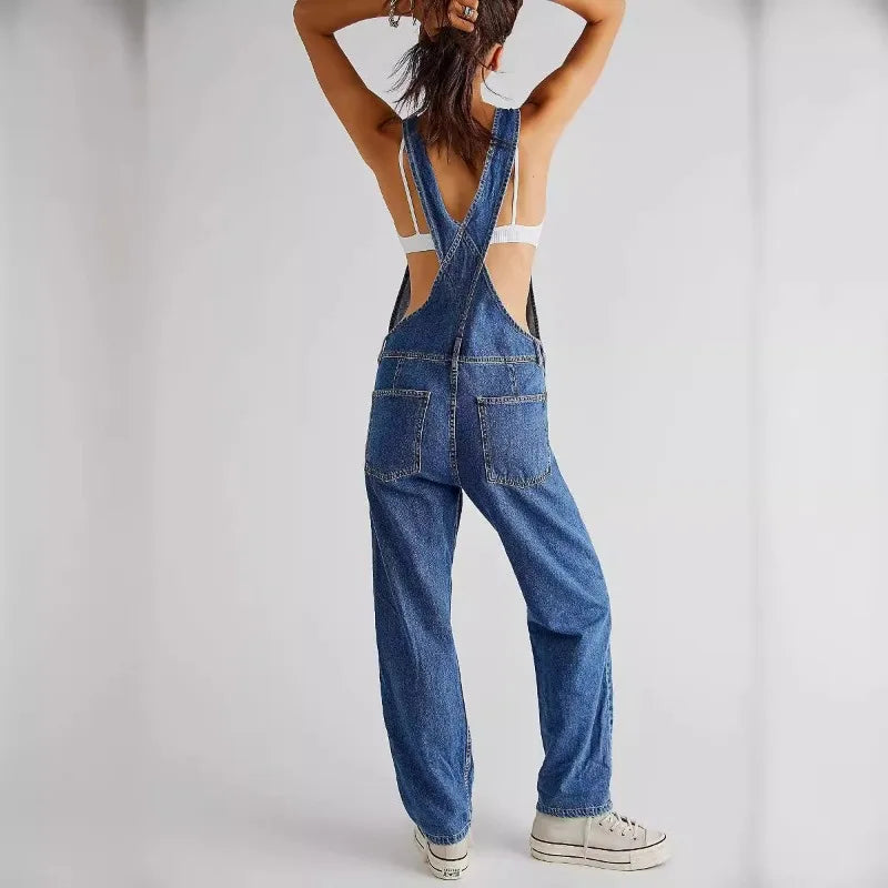 Combinaison salopette femme – Bleu denim, sans manches, poches, bretelles