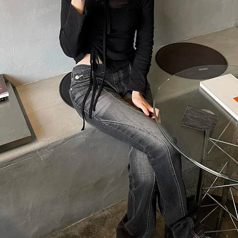 Jean Taille Basse Vintage Femme – Noir Effet Usé Style Grunge Streetwear