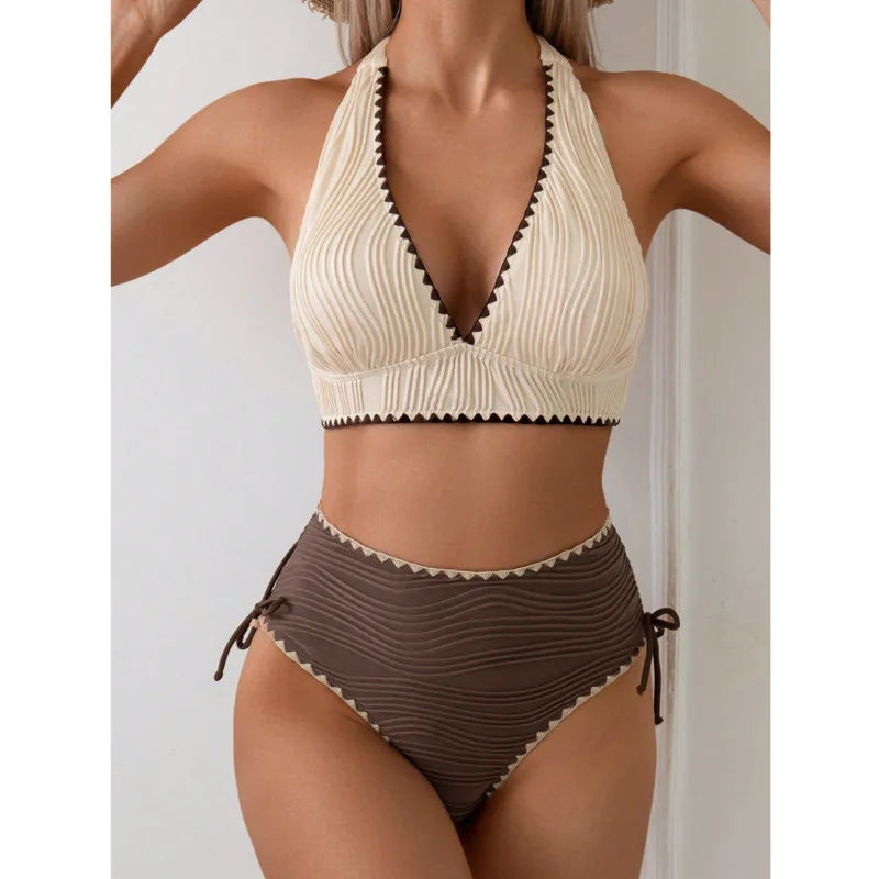 Bikini  2 Pièces – Col Triangulaire À Lacets Taille Haute