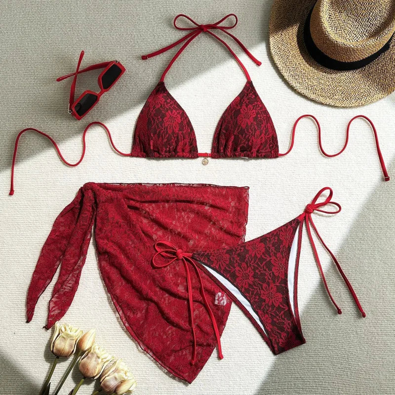 Bikini  3 Pièces – Dentelle Contrastée & Style Brésilien -plusieurs coloris