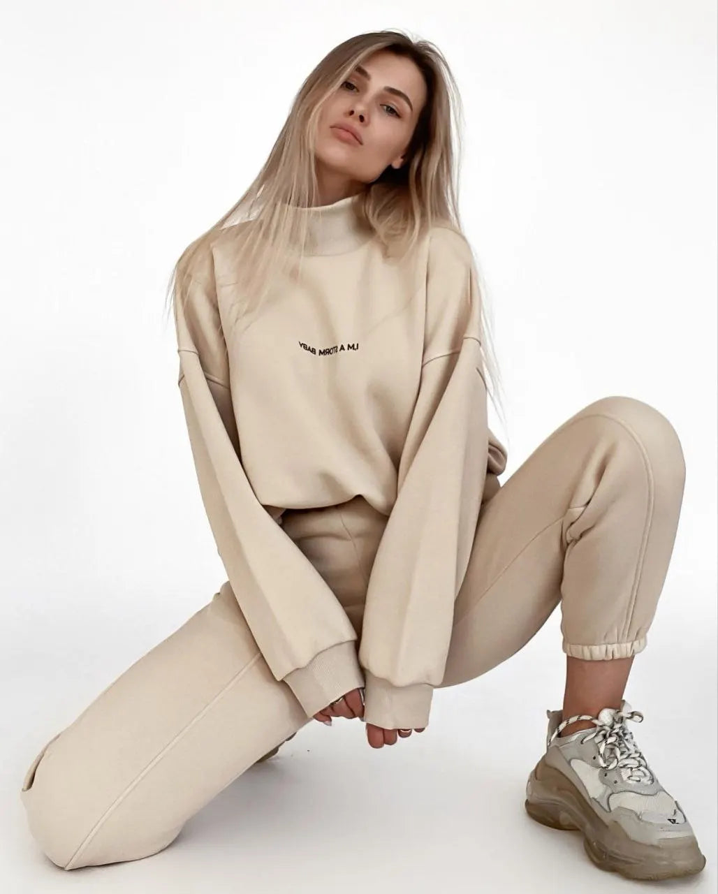 Ensemble 2 pièces femme – Sweat col montant imprimé lettrage & pantalon crayon taille haute 8 coloris