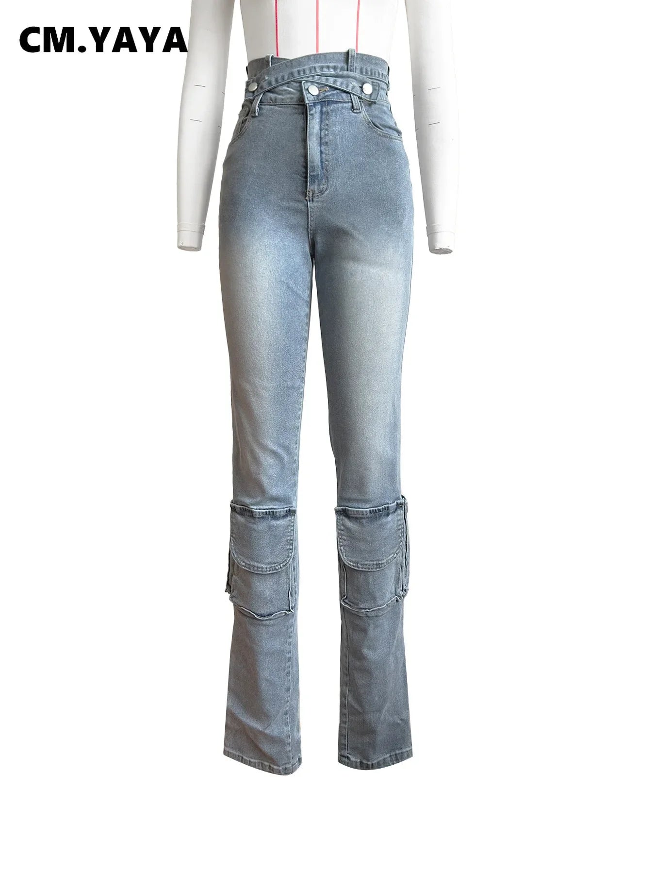 Jean cargo femme Large, taille croisée, poches, zippé, effet lavé