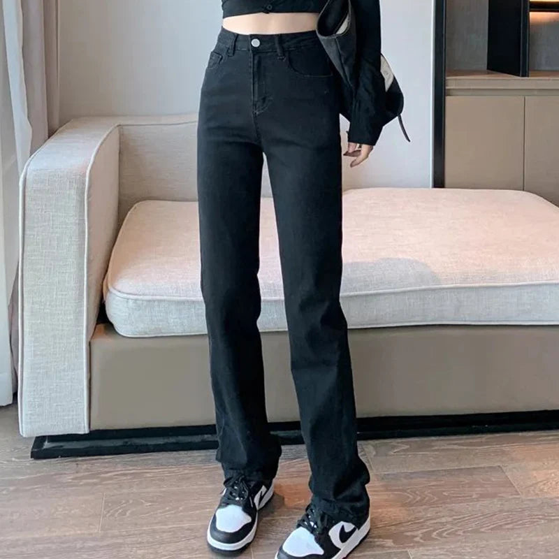 Jean droit slim femme Taille haute, coupe étroite