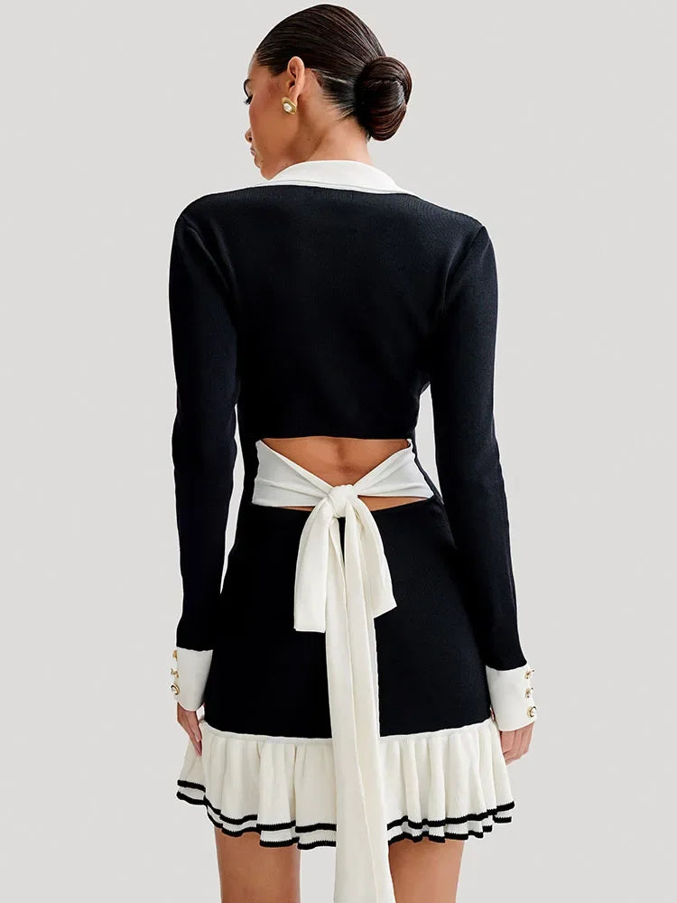 Robe Courte Femme – Maille Volantée, Nœud & Dos Nu