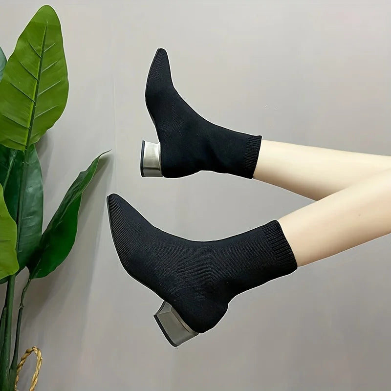 Bottines femme – Bout pointu, talon épais, extensibles, style chaussette