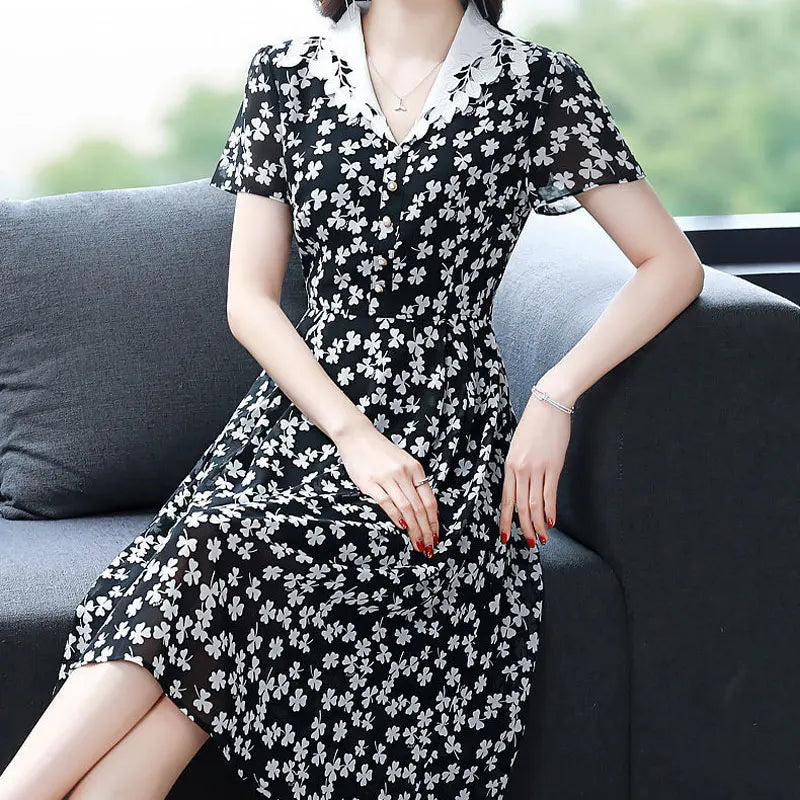 Robe midi femme  Col V, patchwork imprimé, manches courtes