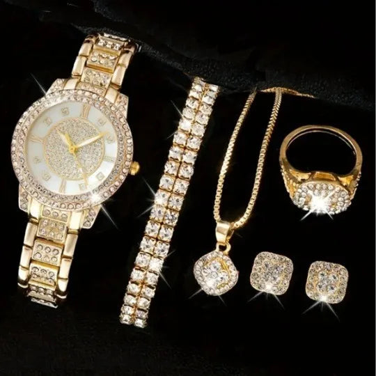 Coffret luxe femme – Set 6 pièces : montre quartz cadran romain + bracelet