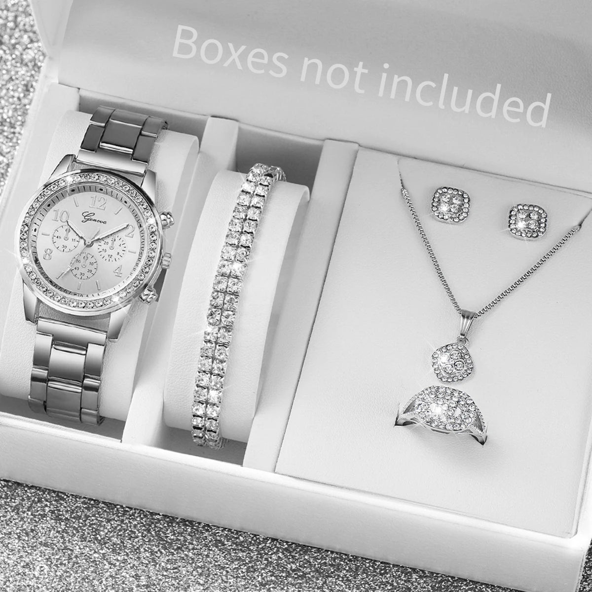 Coffret montre et bijoux femme – 6 pièces, quartz, strass – Plusieurs coloris