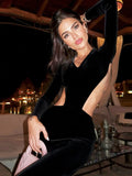 Robe Longue Sexy Femme – Col V, Manches Longues & Fente Haute