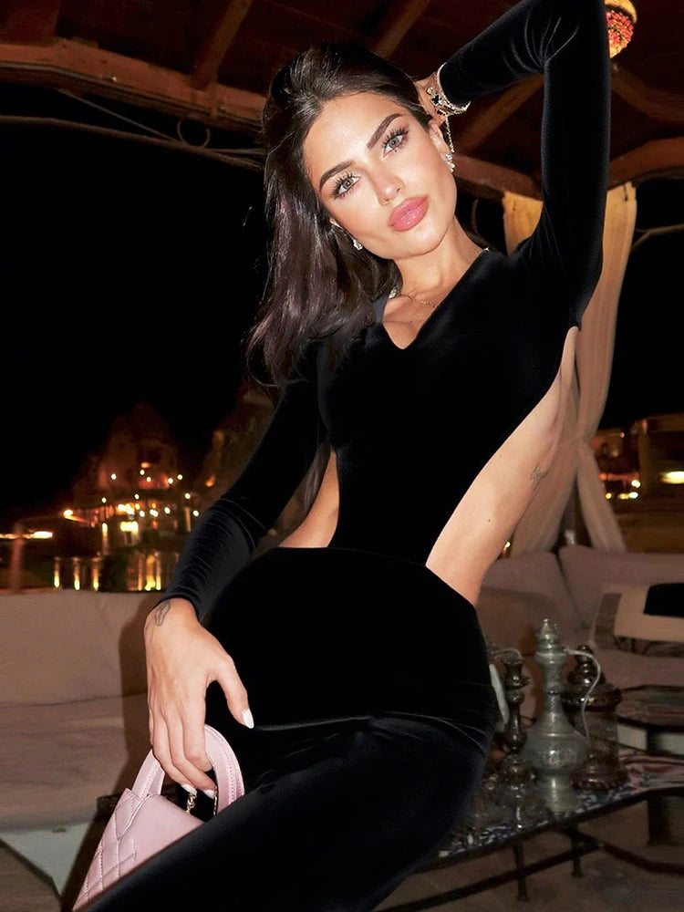 Robe Longue Sexy Femme – Col V, Manches Longues & Fente Haute