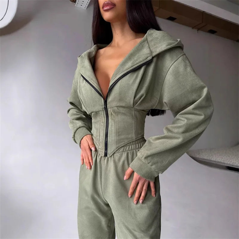 Ensemble 2 pièces décontracté pour femme : Veste courte à capuche zippée et pantalon 5 coloris