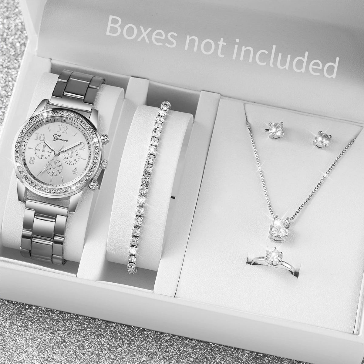 Coffret montre et bijoux femme – 6 pièces, quartz, strass – Plusieurs coloris