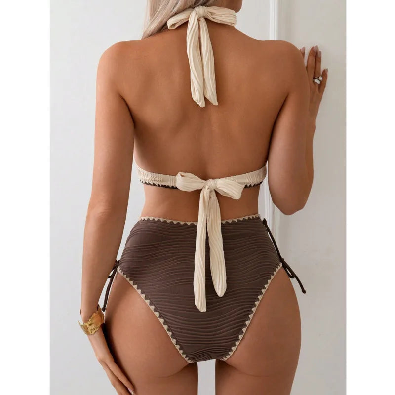 Bikini  2 Pièces – Col Triangulaire À Lacets Taille Haute