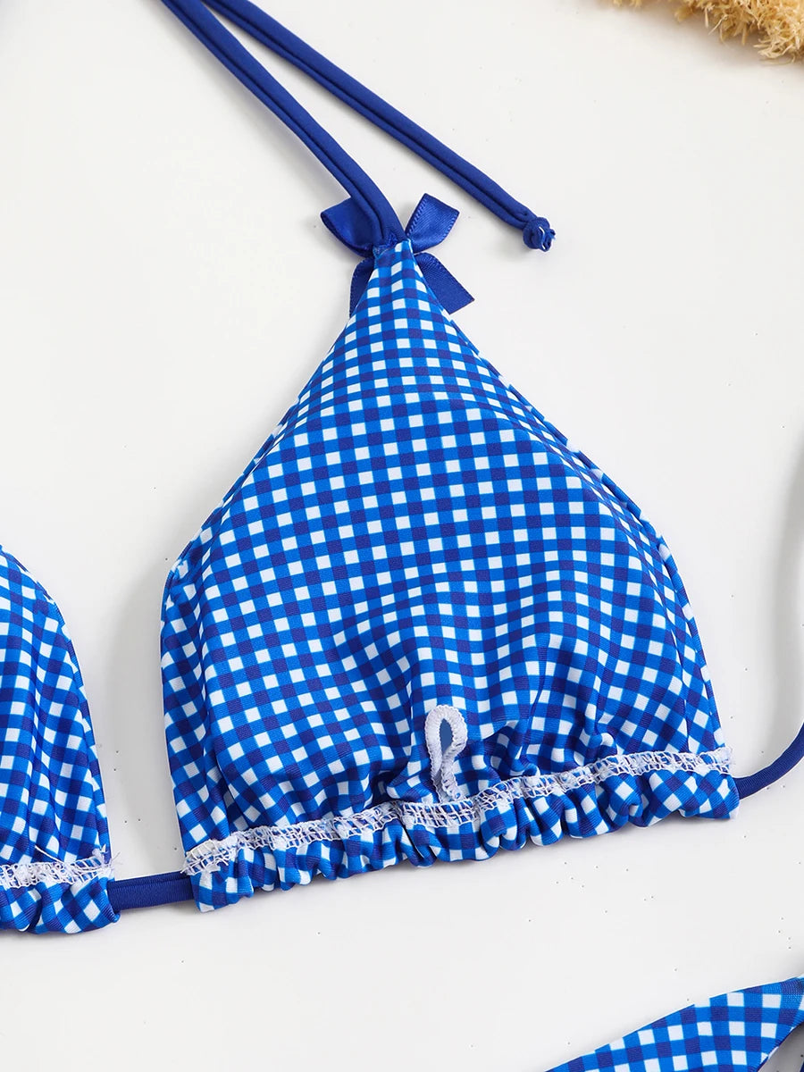 Bikini 2 Pièces – Halter & String Motif Petits Carreaux -Plusieurs coloris