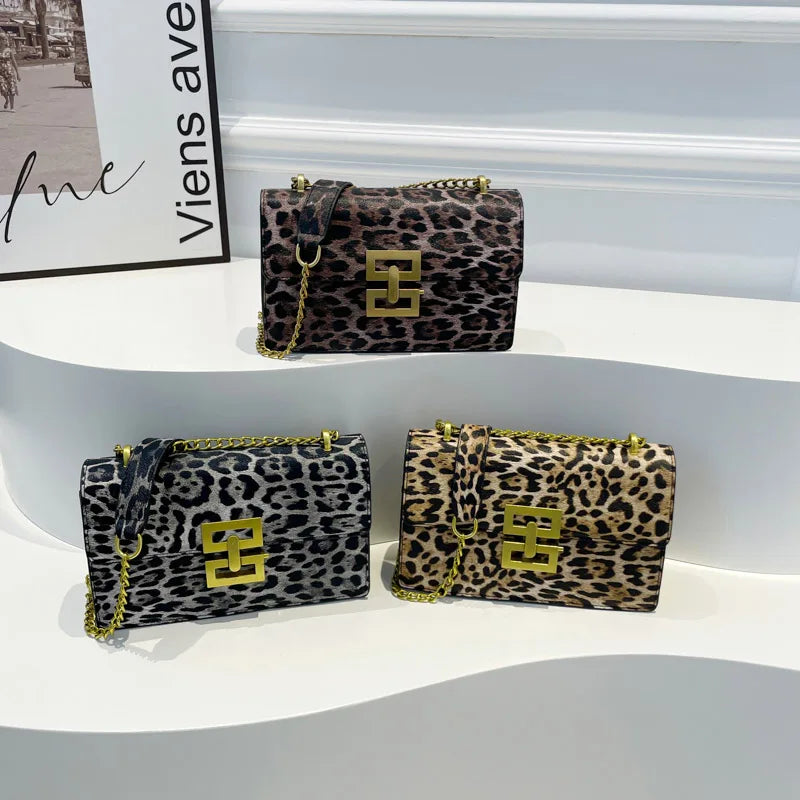 Pochette femme imprimé léopard – Cuir PU, chaîne décorative 3 coloris